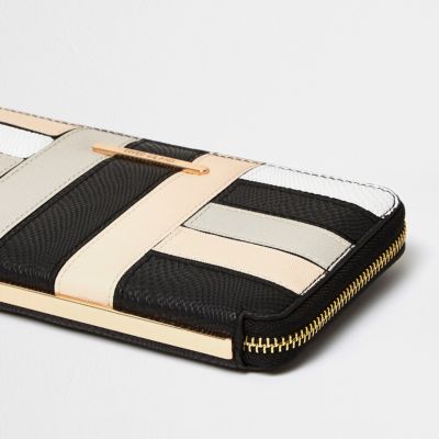 Cream block panel zip purse